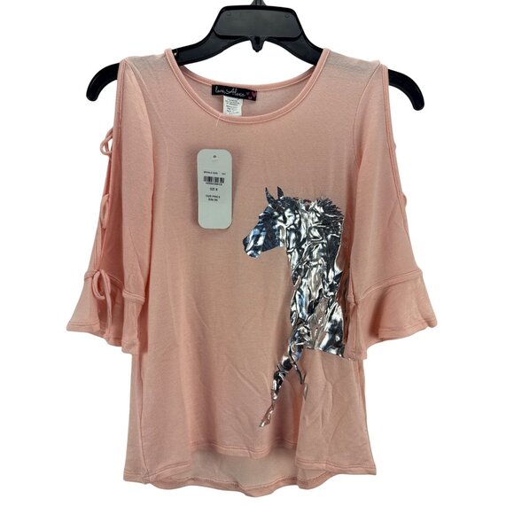 Love Alexa Pink Sequin Horse Cold Shoulder Top Size M Girl's Shirt Casual - Picture 1 of 8